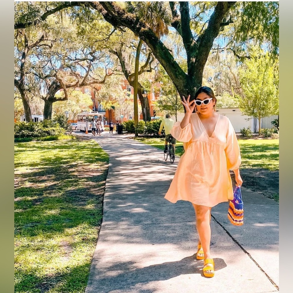Peach Dress with Yellow Sandals